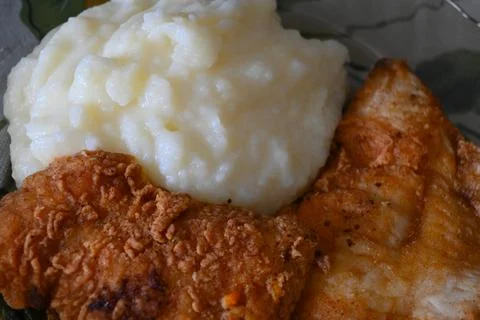 Mashed potatoes with fried breaded meat 스톡 사진