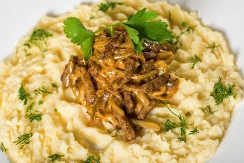 Mashed potatoes with goulash Stock Photos