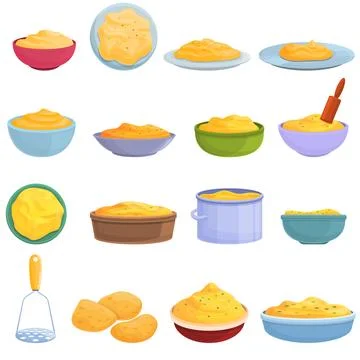 Mashed potatoes icons set, cartoon style Stock Illustration