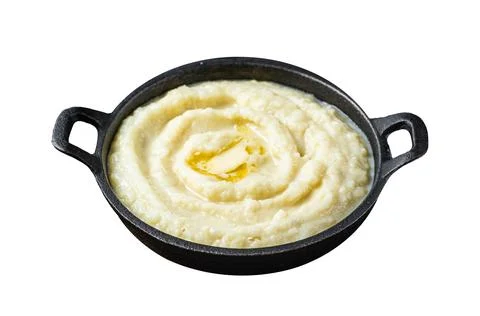 Mashed potatoes in a pan on wooden rustic table. Isolated on white backgrou.. 스톡 사진