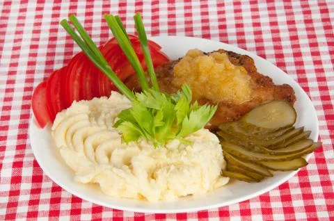 Mashed potatoes with pork steak Stock Photos