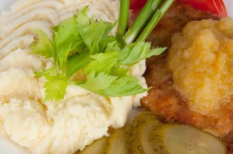 Mashed potatoes with pork steak Stock Photos