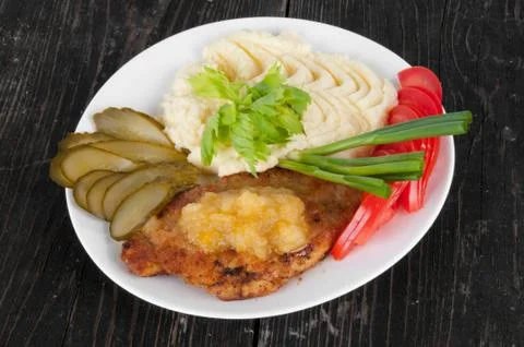 Mashed potatoes with pork steak Stock Photos