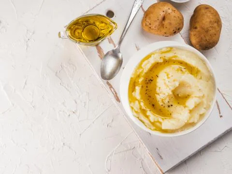 Mashed potatoes on white concrete background Stock Photos