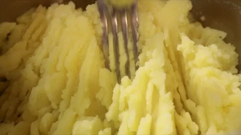 Mashing Mashed Potato Fluffy Fork Food Preparing Kitchen Milk Butter Salt Food Stock Footage 276998982