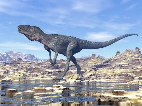 Masiakasaurus dinosaur in the desert - 3D render Illustrazione stock