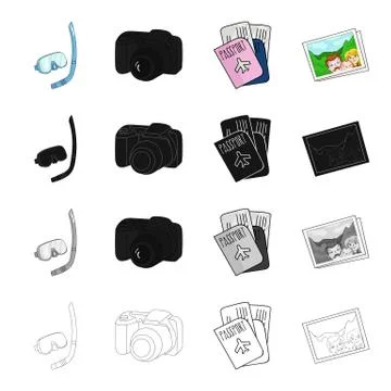 Mask and snorkel, camera, documents passport, photograph. Family holiday set Stock Illustration