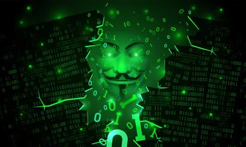 Mask anonymous computer hacker on green background hacked binary code. Activist イラスト素材