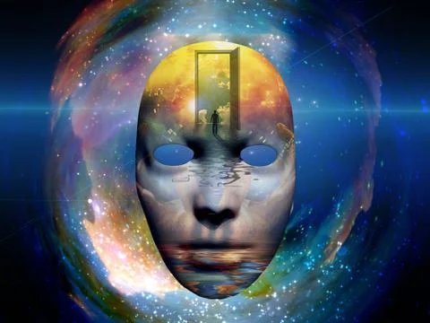 Mask with the image of man and open door to another world Stock Illustration