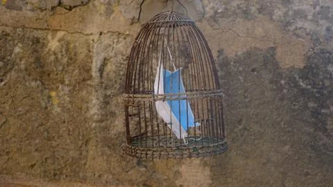 Mask inside a bird cage while hanging on an old wall. Фото