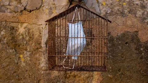 Mask inside a bird cage while hanging on an old wall. Stock Photos