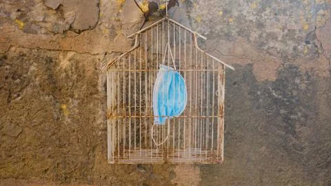 Mask inside a bird cage while hanging on an old wall. Stock Photos
