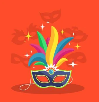 Mask with Multicolor Feather on Red Illustrazione stock