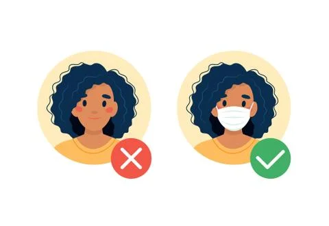 Mask required. No entry without wearing a mask. Black woman with and without Stock Illustration