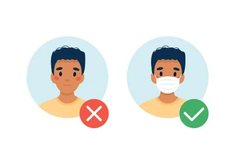 Mask required. No entry without wearing a mask. Man with and without medical Illustrazione stock