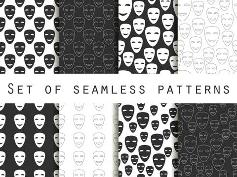 Mask with a smile seamless pattern. Black and white seamless pattern Illustrazione stock