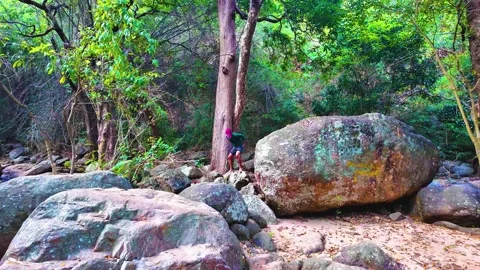 Masked Boy Jumping on the Sand from a Huge Rock Stock Footage 264460444