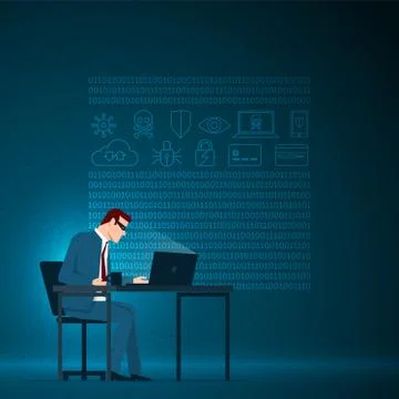 The masked businessman is working with the computer. Stock Illustration