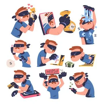 Masked cyber thief, hacker stealing personal data and money from smartphone and Illustrazione stock