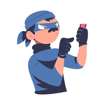 Masked cyber thief, hacker stealing personal data smartphone. Cyber security and Stock Illustration