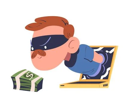 Masked cyber thief hacking computer and stealing money. Cyber security and crime Illustrazione stock