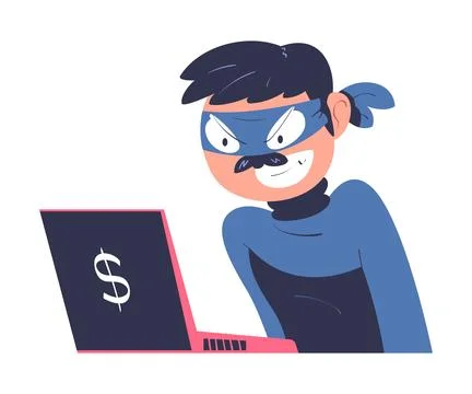 Masked cyber thief hacking computer and stealing data. Cyber security and crime Illustrazione stock