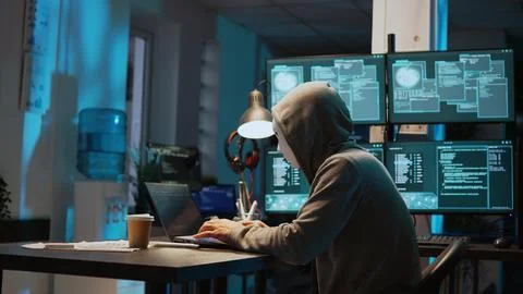 Masked data thief hacking computer network at night, Stock Photos