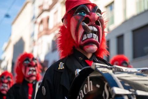 Masked Drummer Performing During Basel Fasnacht 2026 Carnival Parade Stock Photos