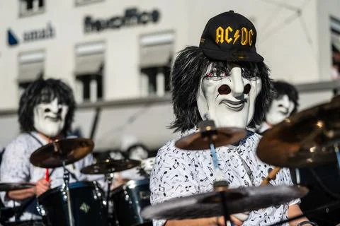 Masked Drummers Performing During Basel Fasnacht 2026 Carnival Parade Stock Photos