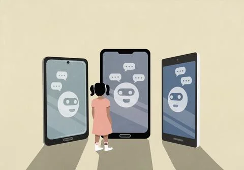 Masked emojis with speech bubbles on smart phone screens in front of young girl 스톡 일러스트