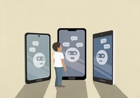 Masked emojis with speech bubbles on smart phone screens in front of young boy 스톡 일러스트