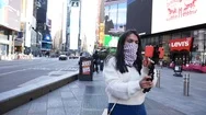 Masked Female Millennial Taking Selfies Empty Times Square Corona Virus Pandemic Stock Footage