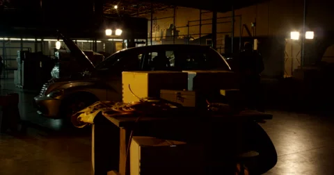 Masked Gunman Approach Inside Warehouse Stock Footage 60680861