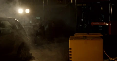 Masked Gunman Creep Forward Inside Warehouse Stock Footage 60681114