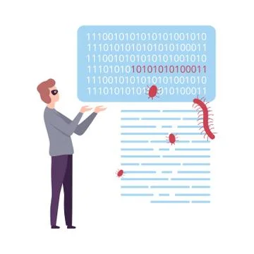 Masked Hacker Coding at Computer, Cyber Crime, Computer Attack, Virus Infection Stock Illustration