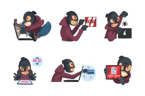 Masked hacker hacking devices for stealing information and money. Cyber crime Stock Illustration