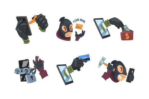 Masked hacker hacking devices for stealing data set. Cyber crime, security 库存插图