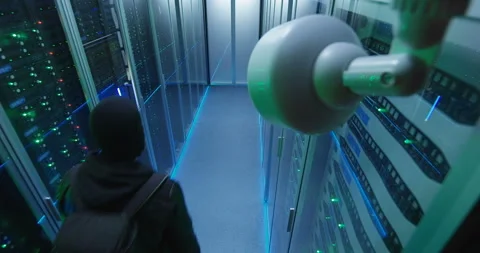 Masked hacker with his laptop waking through server rows Stock Footage 97202314