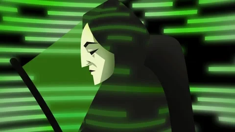 Masked hacker using a computer and green code Stock Footage 314309097