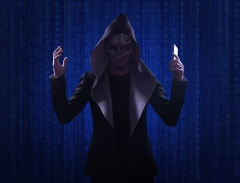 Masked hacker using smartphone. Hacking the Internet. Illustrazione stock