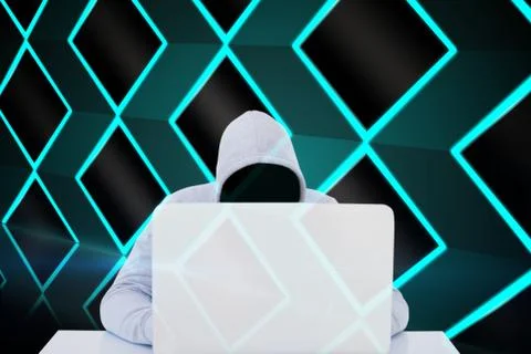 Masked hacker using a white laptop Illustrazione stock