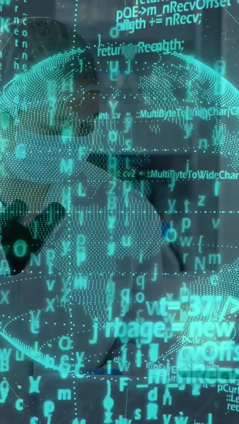 Masked lab workers tracking gloved hand manipulating globe while scrolling code Stock Footage 331215296