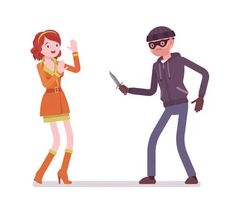 Masked man armed with knife attacking, threatening a girl Stock Illustration