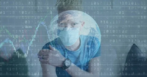 Masked man placing hand on left shoulder, seeking relief, globe binary finance Stock Footage 330856850