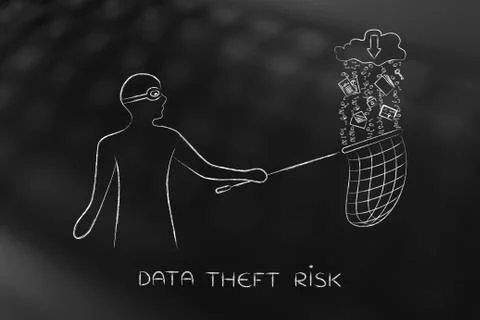 Masked man stealing files from cloud with download icon, data theft Illustrazione stock