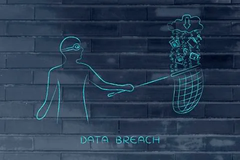 Masked man stealing files from cloud with download icon, data theft Illustrazione stock