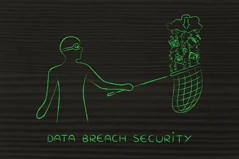 Masked man stealing files from cloud with download icon, data theft Stock Illustration