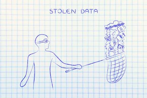 Masked man stealing files from a cloud with lock &amp; chain, data theft Stock Illustration