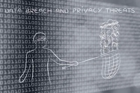 Masked man stealing files from a cloud with lock &amp; chain, data theft Stock Illustration