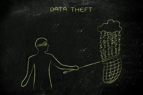 Masked man stealing files from a cloud with binary code rain, data theft Stock Illustration